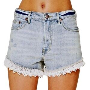 Free People Women's Blue Denim Shorts, Light Wash, Lace Trimmed, Size 25